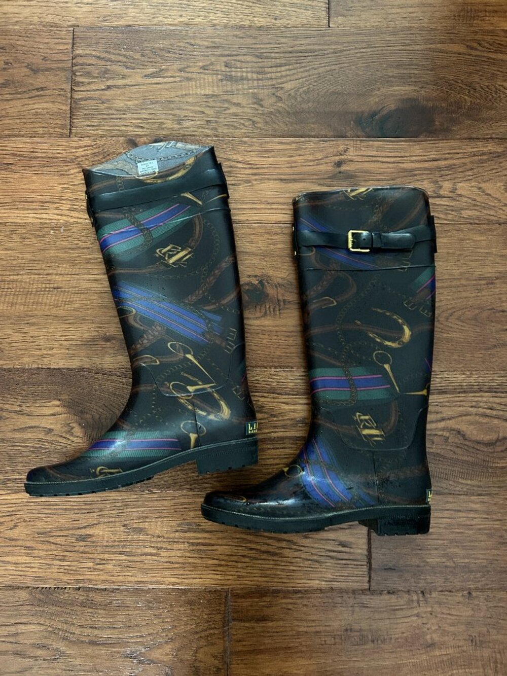 Lauren Ralph Lauren Women's Rossalyn II Rain Boots Black Gold Rope Chain Size 8B